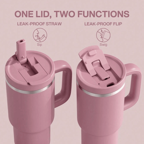 40oz Leakproof Tumbler with Straw & Handle - 24H Ice Retention Stainless Steel Cup - Turkish Rose
