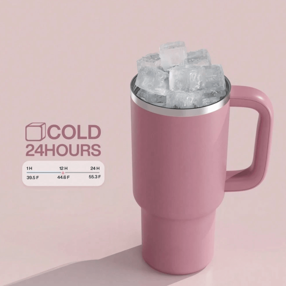 40oz Leakproof Tumbler with Straw & Handle - 24H Ice Retention Stainless Steel Cup - Turkish Rose