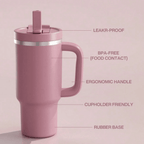40oz Leakproof Tumbler with Straw & Handle - 24H Ice Retention Stainless Steel Cup - Turkish Rose