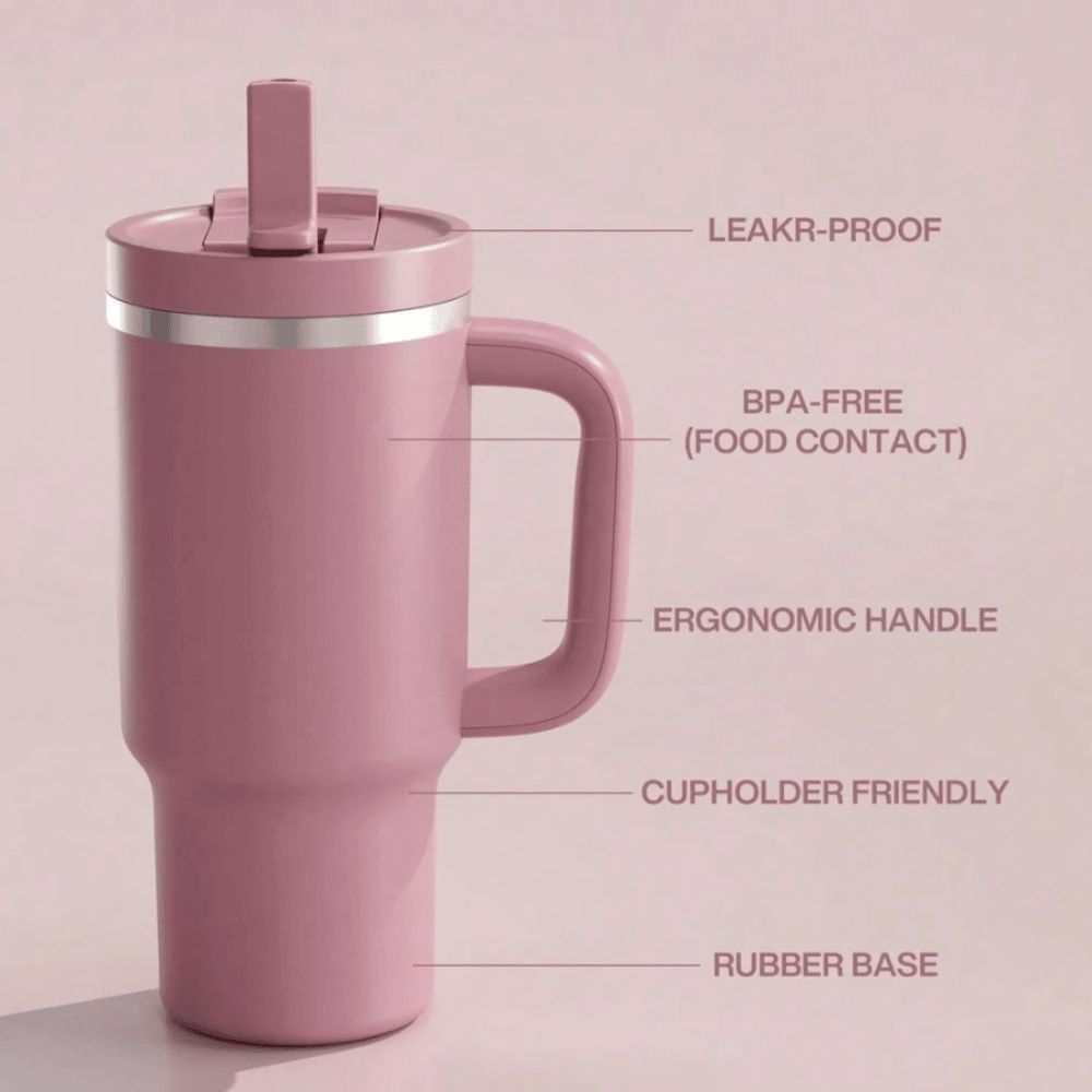 40oz Leakproof Tumbler with Straw & Handle - 24H Ice Retention Stainless Steel Cup - Turkish Rose