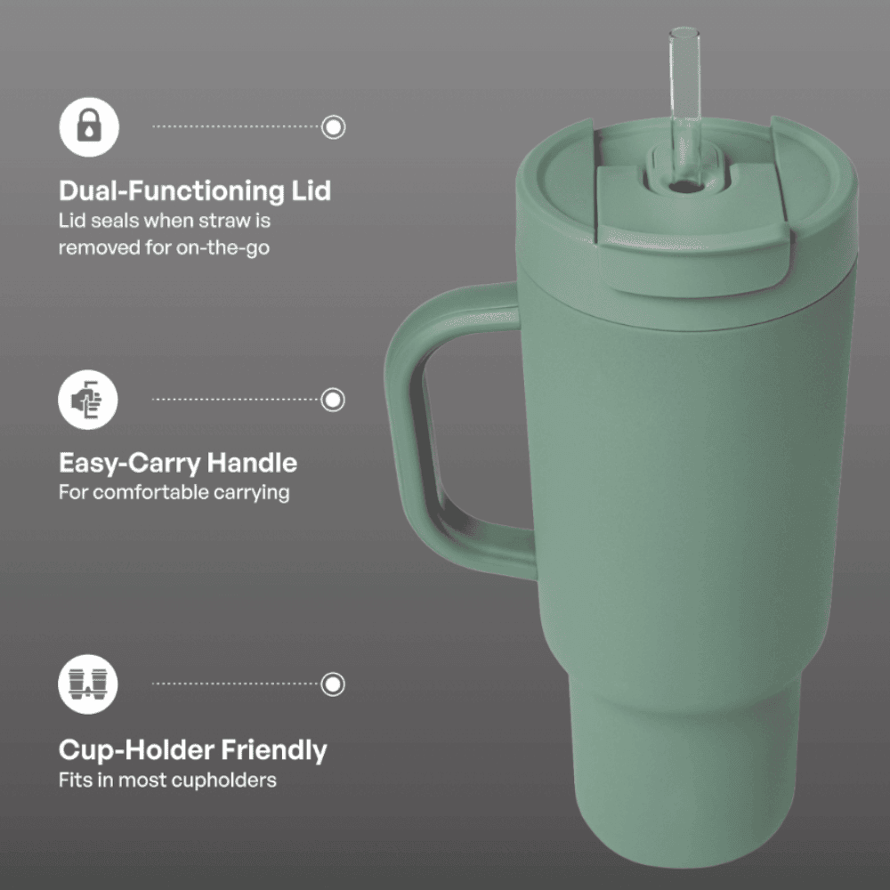 40oz Sage Green Tumbler with Handle & Straw - 50H Cold Insulation - Leakproof Travel Mug