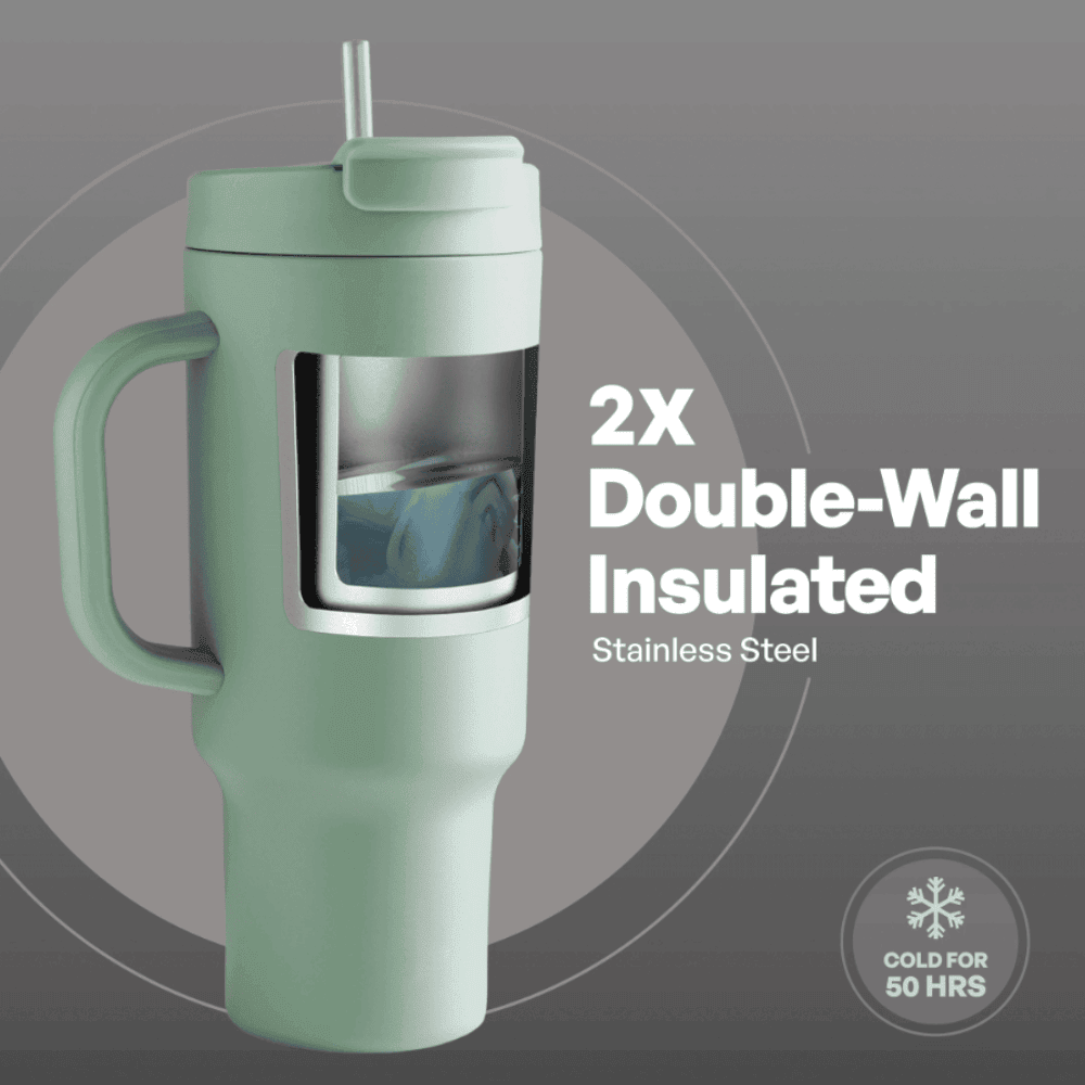 40oz Sage Green Tumbler with Handle & Straw - 50H Cold Insulation - Leakproof Travel Mug