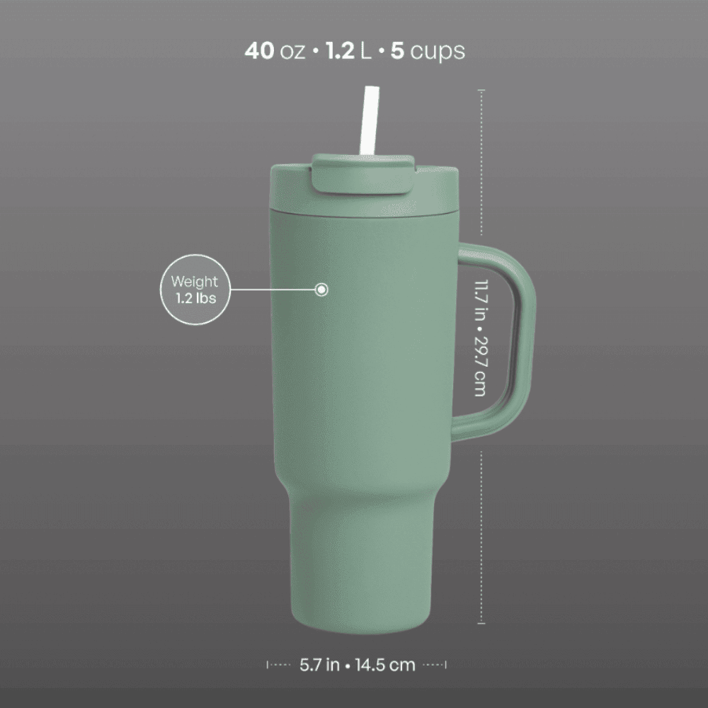 40oz Sage Green Tumbler with Handle & Straw - 50H Cold Insulation - Leakproof Travel Mug