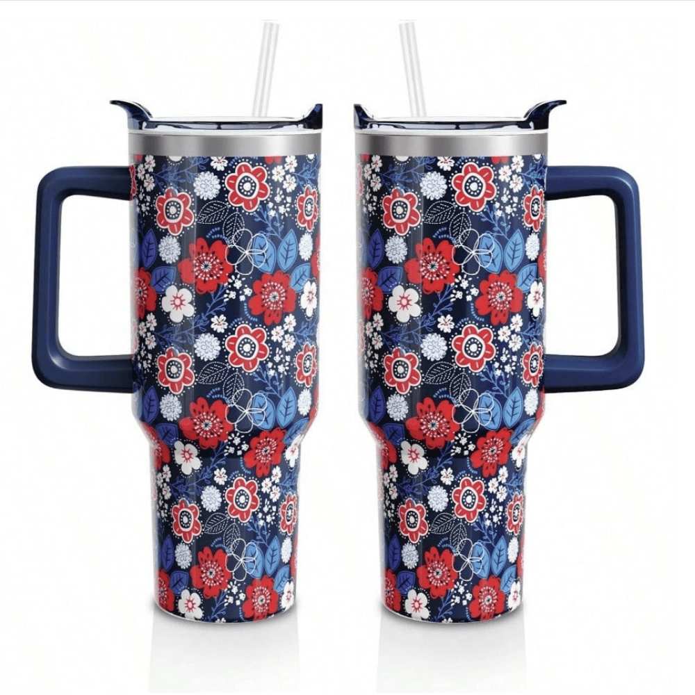 Patriotic Floral 40oz Tumbler with Handle | Navy Red White Stainless Steel Travel Mug