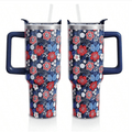 Patriotic Floral 40oz Tumbler with Handle | Navy Red White Stainless Steel Travel Mug