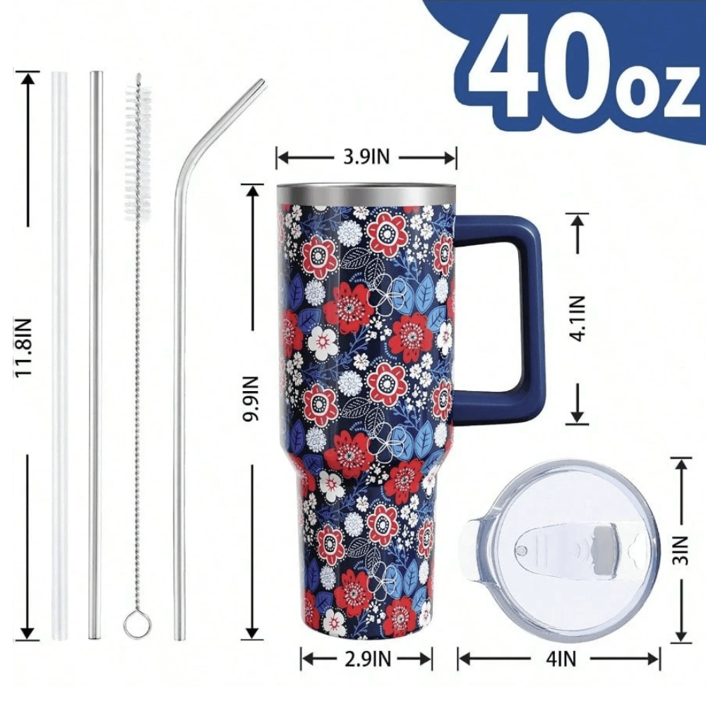 Patriotic Floral 40oz Tumbler with Handle | Navy Red White Stainless Steel Travel Mug