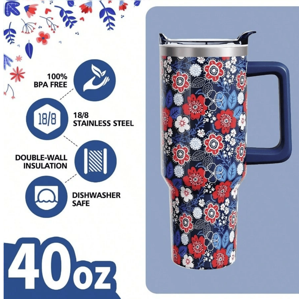 Patriotic Floral 40oz Tumbler with Handle | Navy Red White Stainless Steel Travel Mug