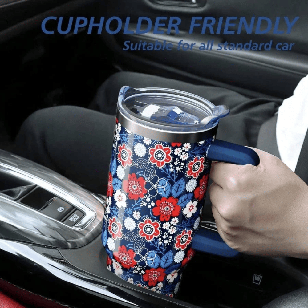 Patriotic Floral 40oz Tumbler with Handle | Navy Red White Stainless Steel Travel Mug