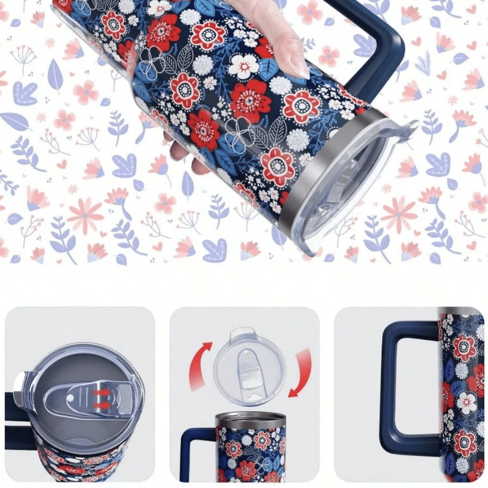 Patriotic Floral 40oz Tumbler with Handle | Navy Red White Stainless Steel Travel Mug