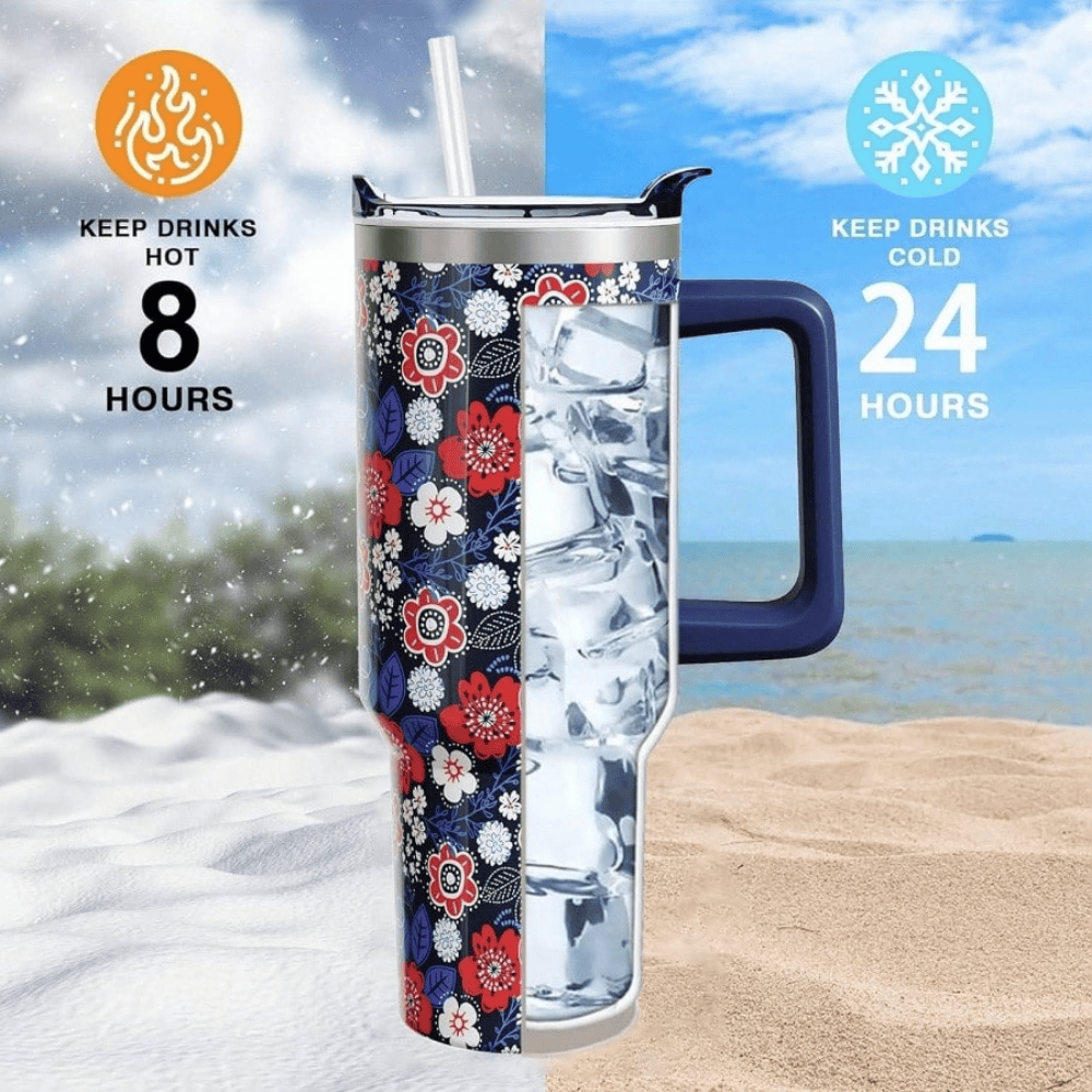Patriotic Floral 40oz Tumbler with Handle | Navy Red White Stainless Steel Travel Mug