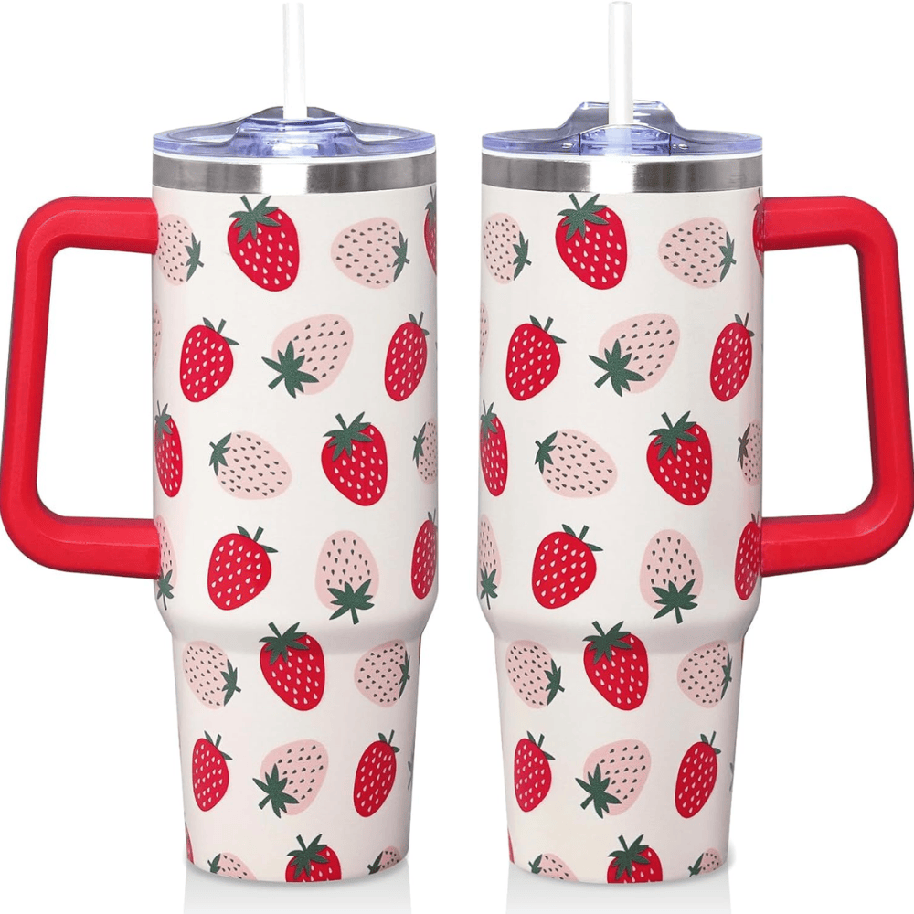Kawaii Strawberry 30oz Tumbler with Handle | Cute Stainless Steel Travel Mug