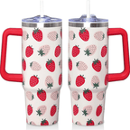 Kawaii Strawberry 30oz Tumbler with Handle | Cute Stainless Steel Travel Mug