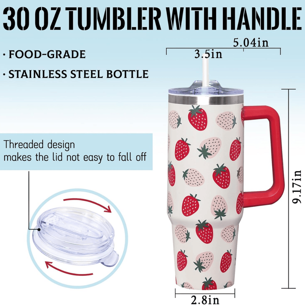 Kawaii Strawberry 30oz Tumbler with Handle | Cute Stainless Steel Travel Mug