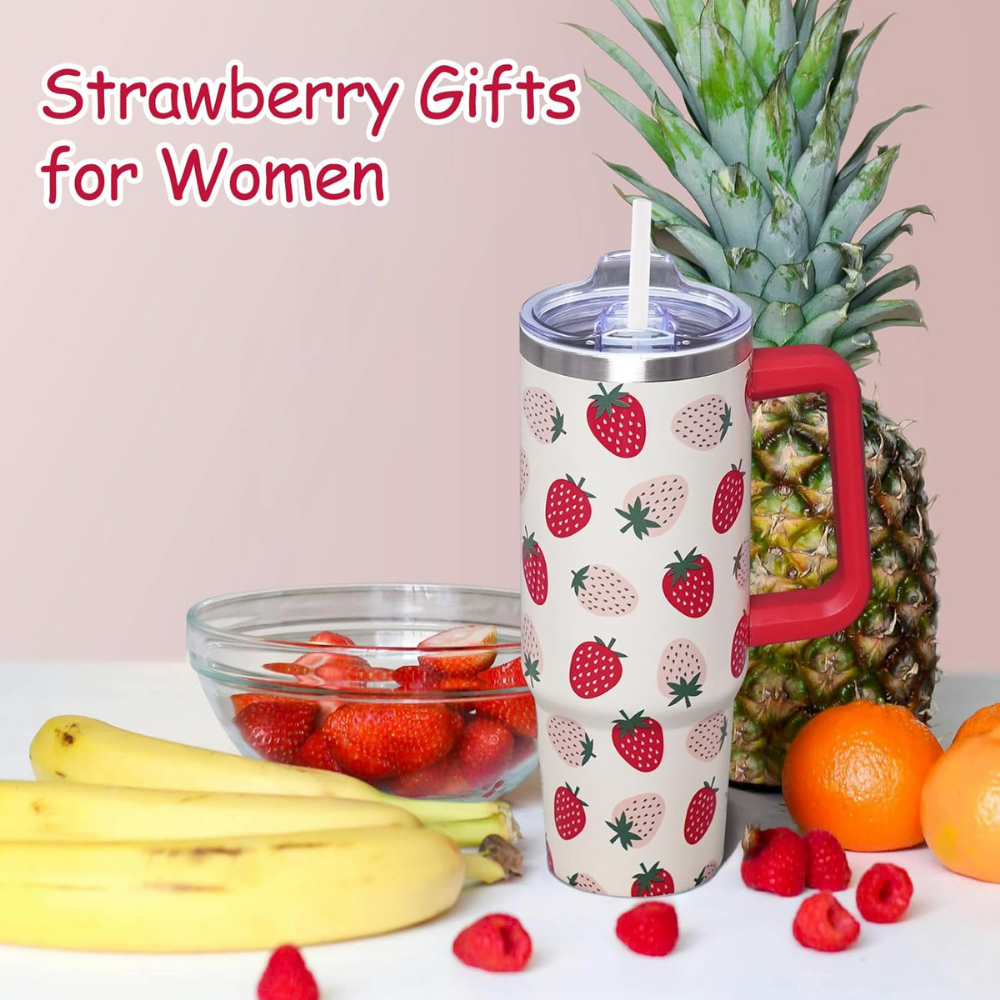 Kawaii Strawberry 30oz Tumbler with Handle | Cute Stainless Steel Travel Mug