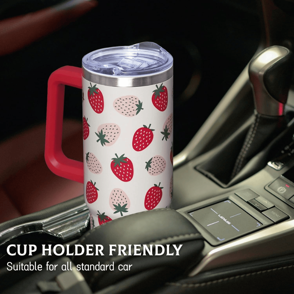 Kawaii Strawberry 30oz Tumbler with Handle | Cute Stainless Steel Travel Mug