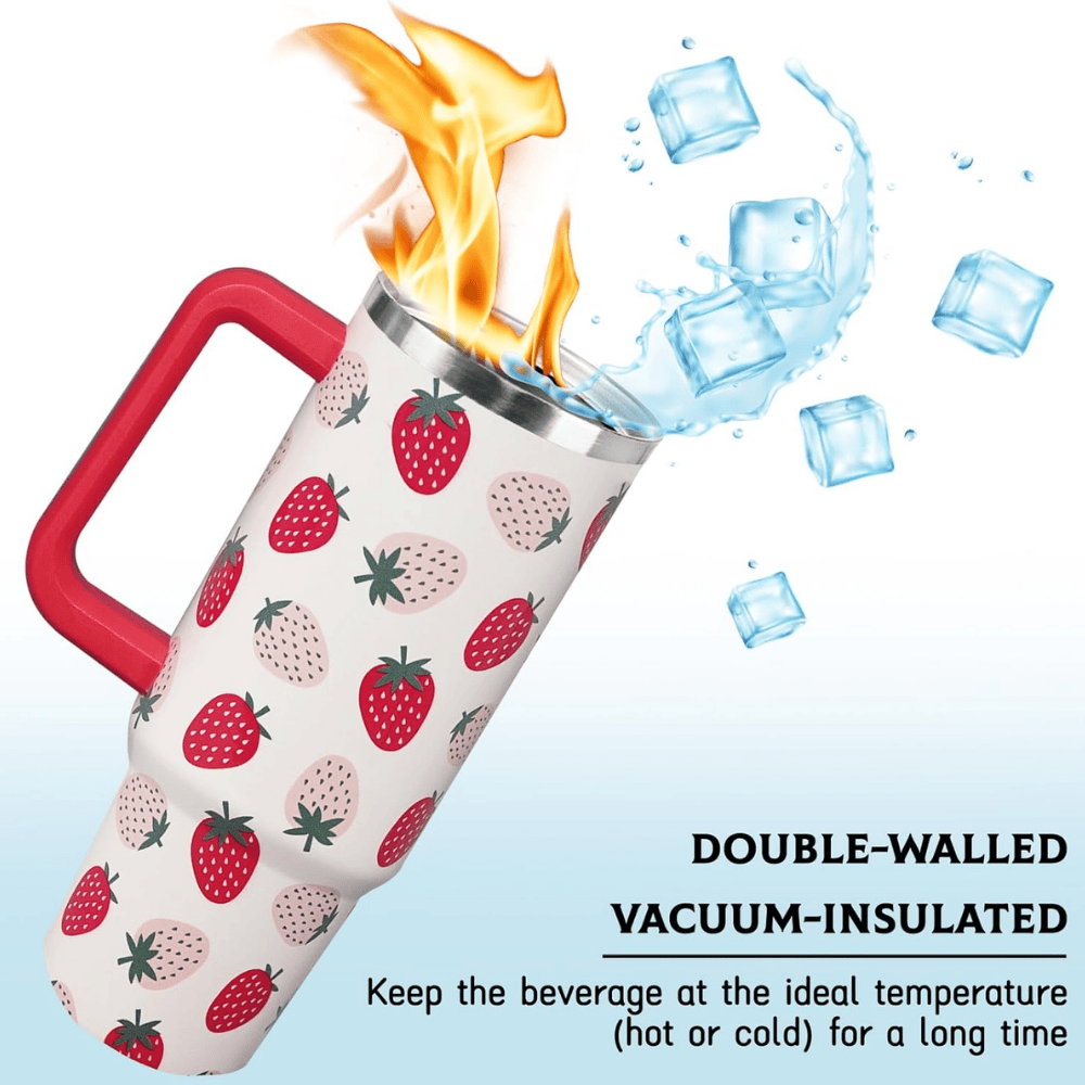 Kawaii Strawberry 30oz Tumbler with Handle | Cute Stainless Steel Travel Mug