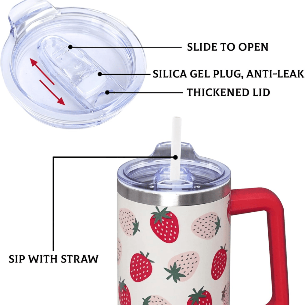 Kawaii Strawberry 30oz Tumbler with Handle | Cute Stainless Steel Travel Mug