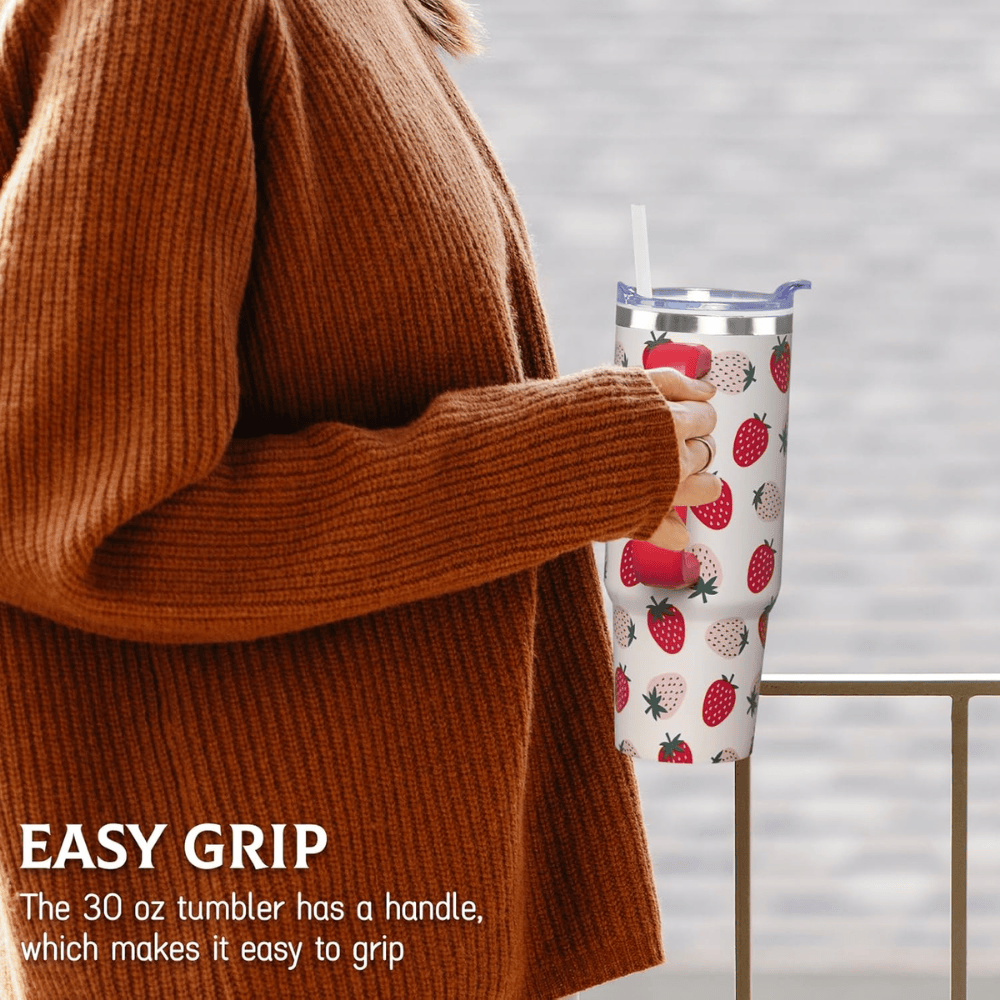 Kawaii Strawberry 30oz Tumbler with Handle | Cute Stainless Steel Travel Mug