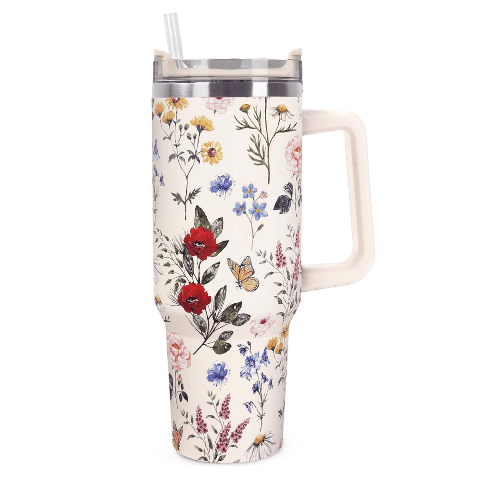 Vintage Wildflower 40oz Tumbler with Handle | Retro Floral Stainless Steel Travel Mug