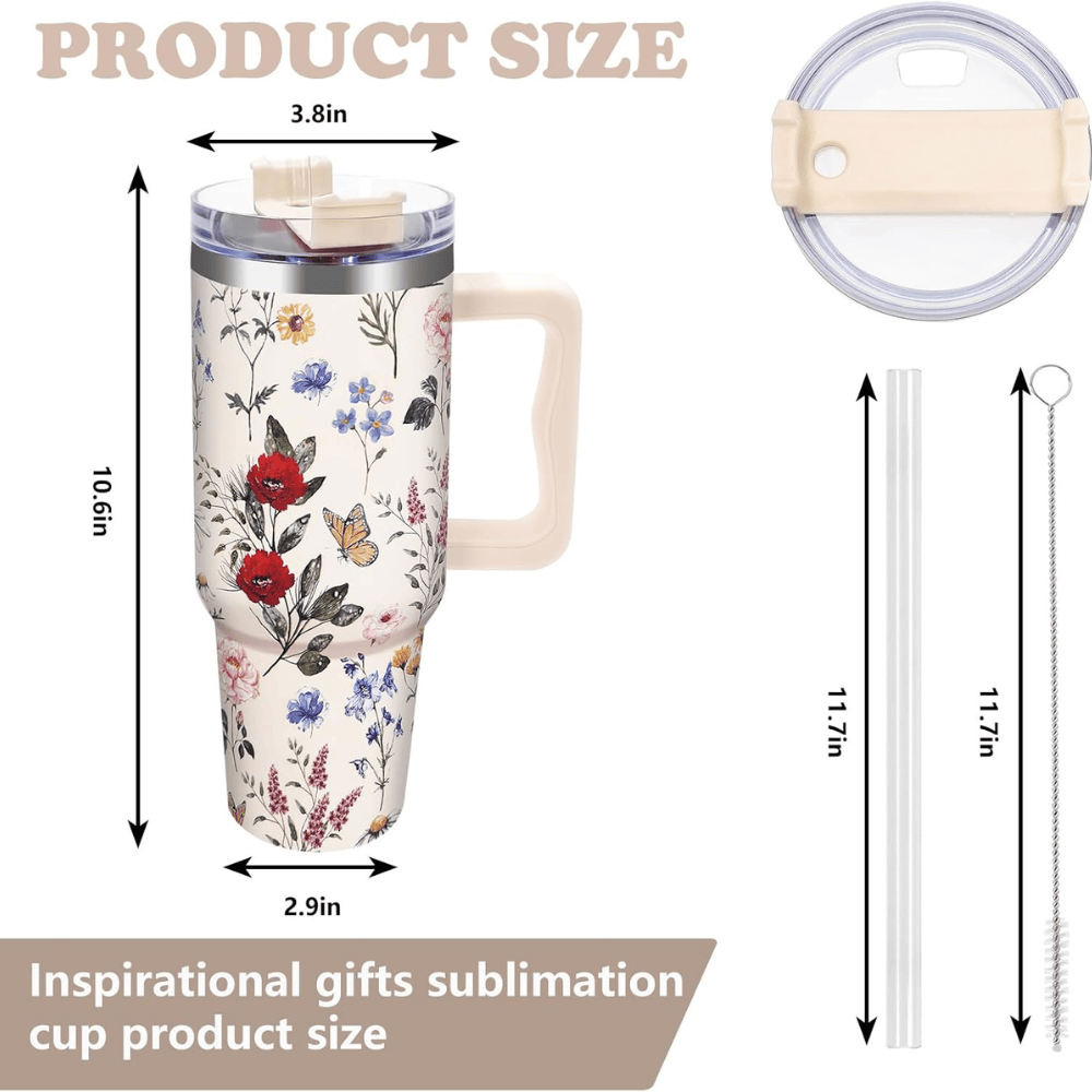 Vintage Wildflower 40oz Tumbler with Handle | Retro Floral Stainless Steel Travel Mug