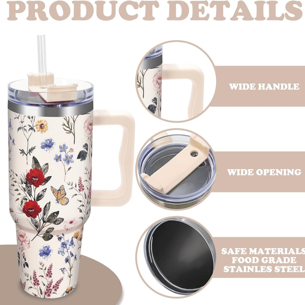 Vintage Wildflower 40oz Tumbler with Handle | Retro Floral Stainless Steel Travel Mug