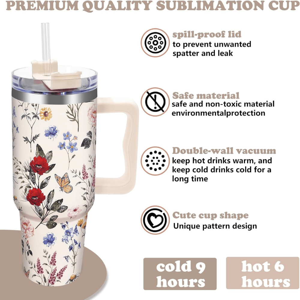 Vintage Wildflower 40oz Tumbler with Handle | Retro Floral Stainless Steel Travel Mug