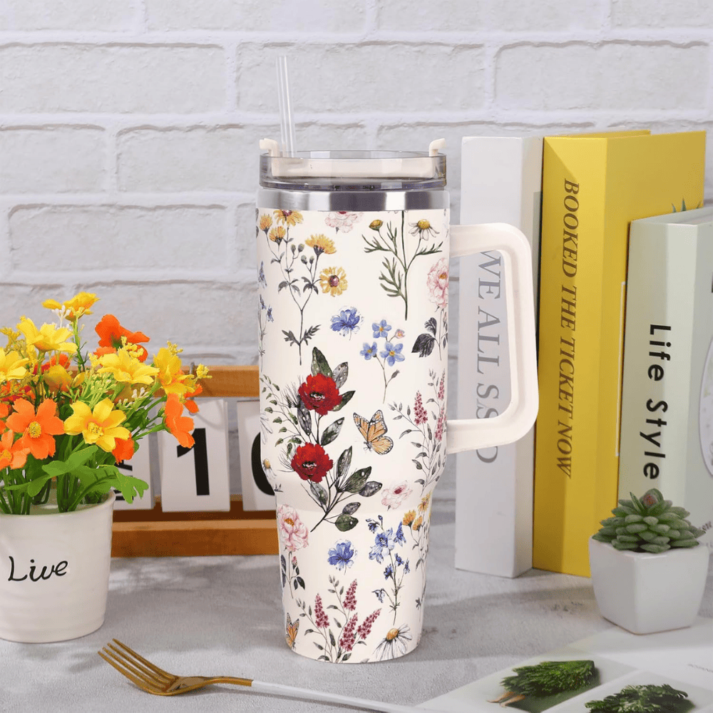 Vintage Wildflower 40oz Tumbler with Handle | Retro Floral Stainless Steel Travel Mug