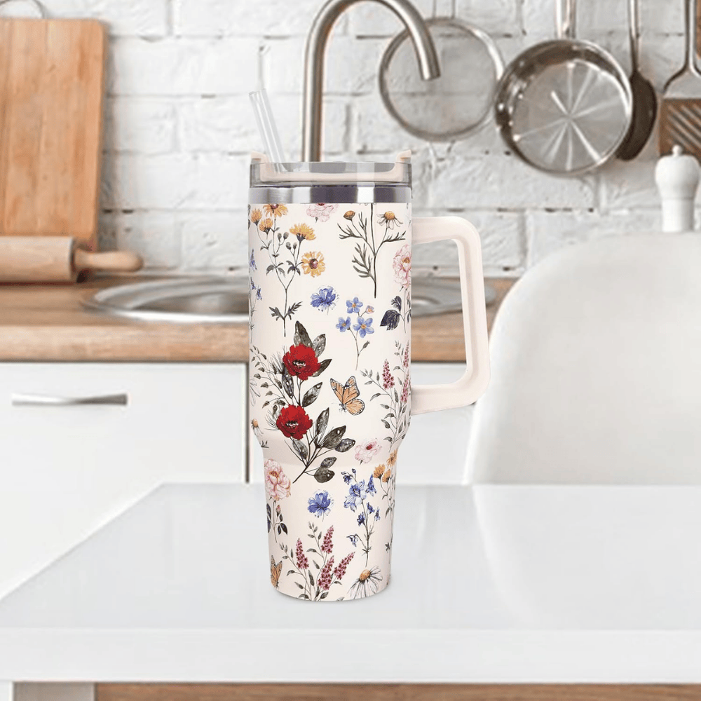 Vintage Wildflower 40oz Tumbler with Handle | Retro Floral Stainless Steel Travel Mug