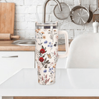 Vintage Wildflower 40oz Tumbler with Handle | Retro Floral Stainless Steel Travel Mug