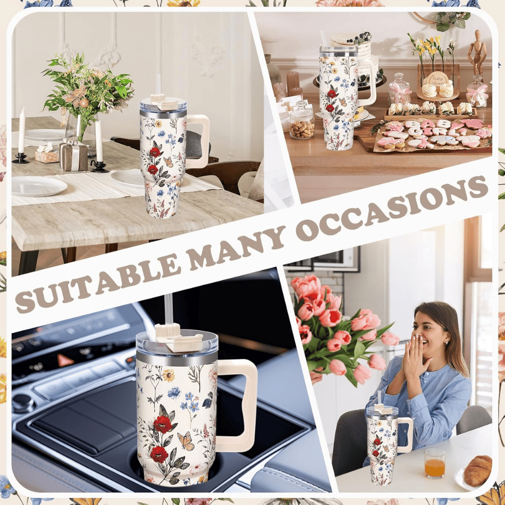 Vintage Wildflower 40oz Tumbler with Handle | Retro Floral Stainless Steel Travel Mug