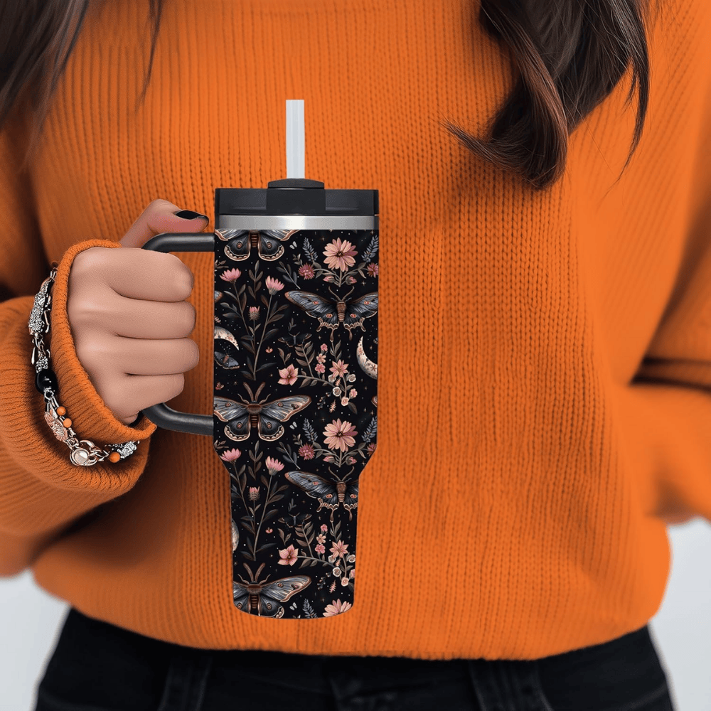 Goth Butterfly 40oz Tumbler with Handle | Dark Aesthetic Stainless Steel Travel Mug