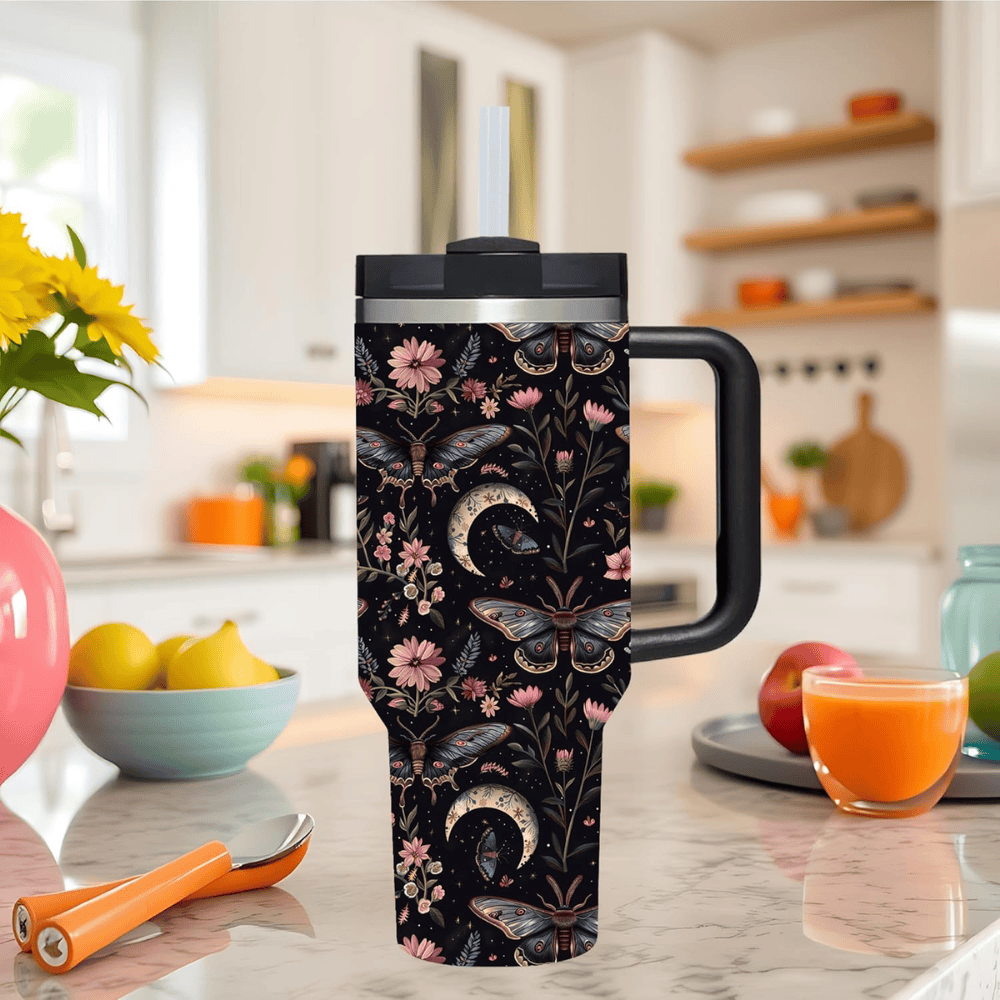 Goth Butterfly 40oz Tumbler with Handle | Dark Aesthetic Stainless Steel Travel Mug