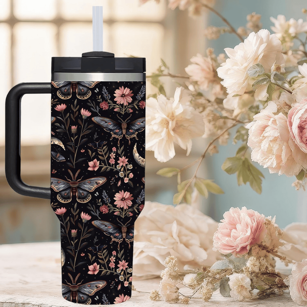 Goth Butterfly 40oz Tumbler with Handle | Dark Aesthetic Stainless Steel Travel Mug