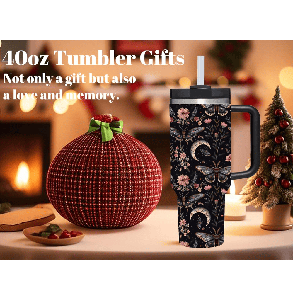 Goth Butterfly 40oz Tumbler with Handle | Dark Aesthetic Stainless Steel Travel Mug