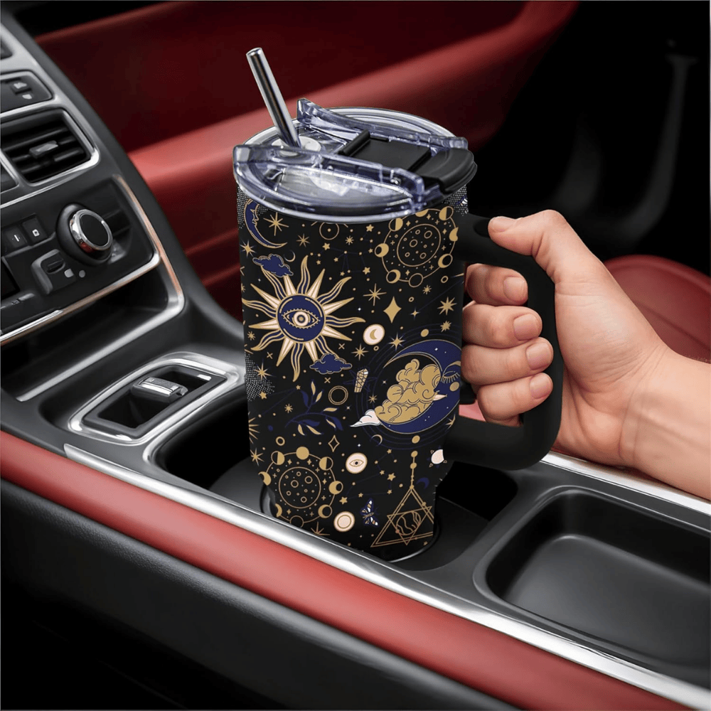 Tarot Black 40oz Tumbler with Handle | Witchy Gothic Stainless Steel Travel Mug