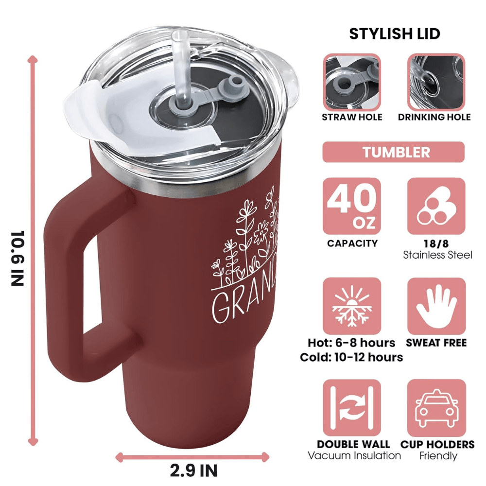"Best Grandma" Red 40oz Tumbler with Handle | Heartwarming Gift from Grandkids