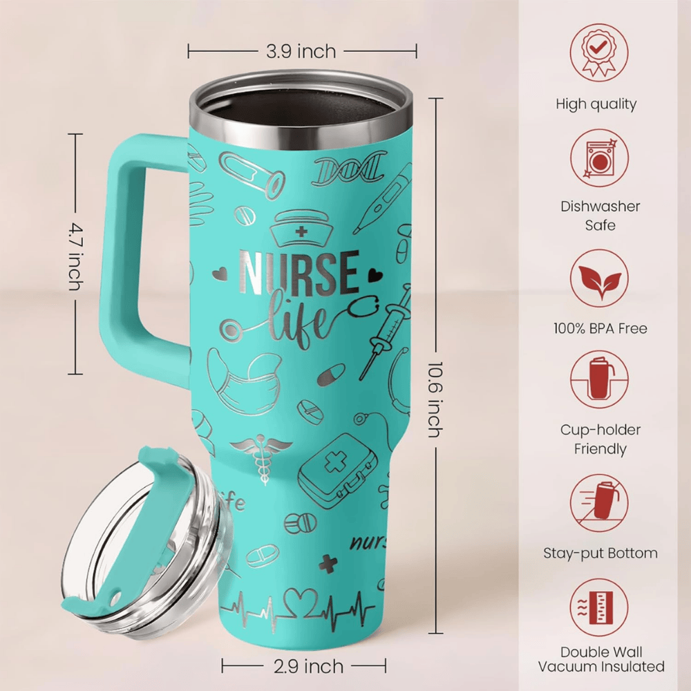 Nurse Appreciation 40oz Tumbler with Handle | "Nurse Life" Stainless Steel Gift