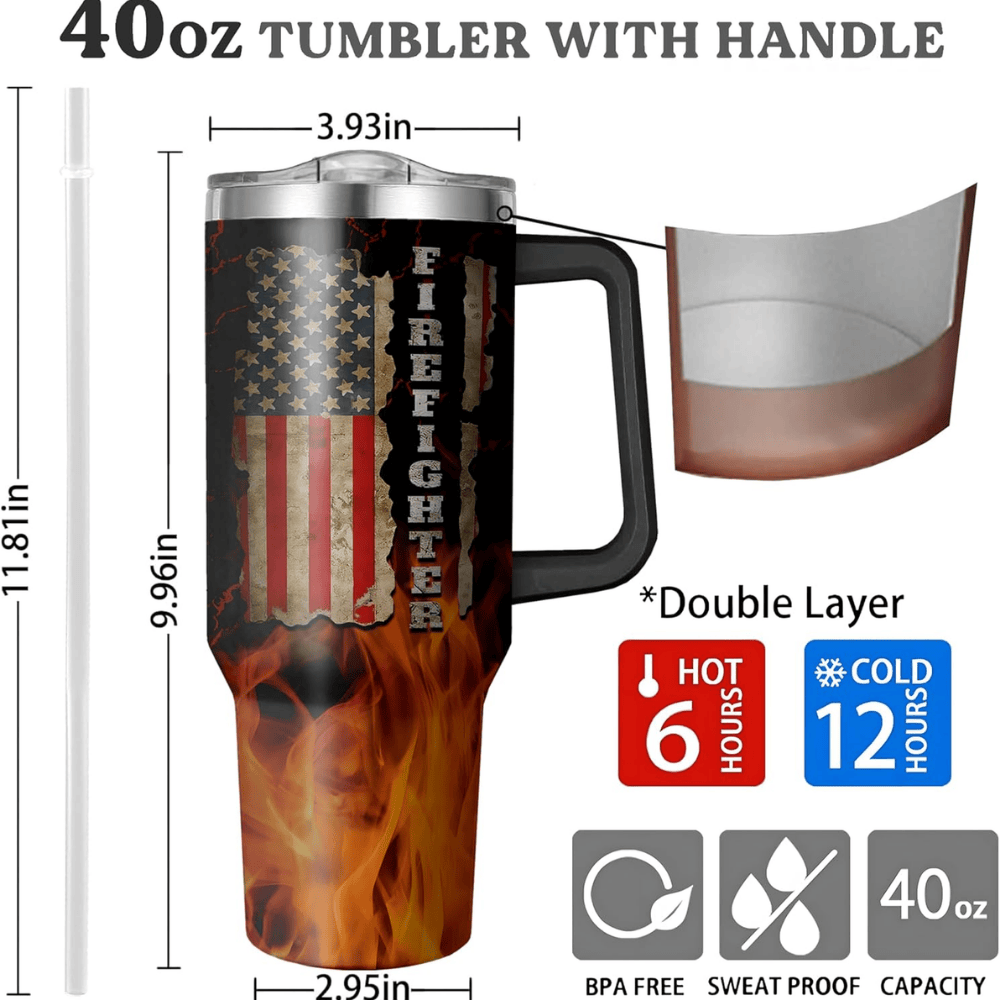 Firefighter Pride 40oz Tumbler with Handle | Stainless Steel Gift for Firemen