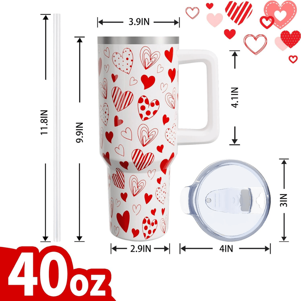 Red Hearts 40oz Tumbler with Handle | Valentine's Day Stainless Steel Gift for Her