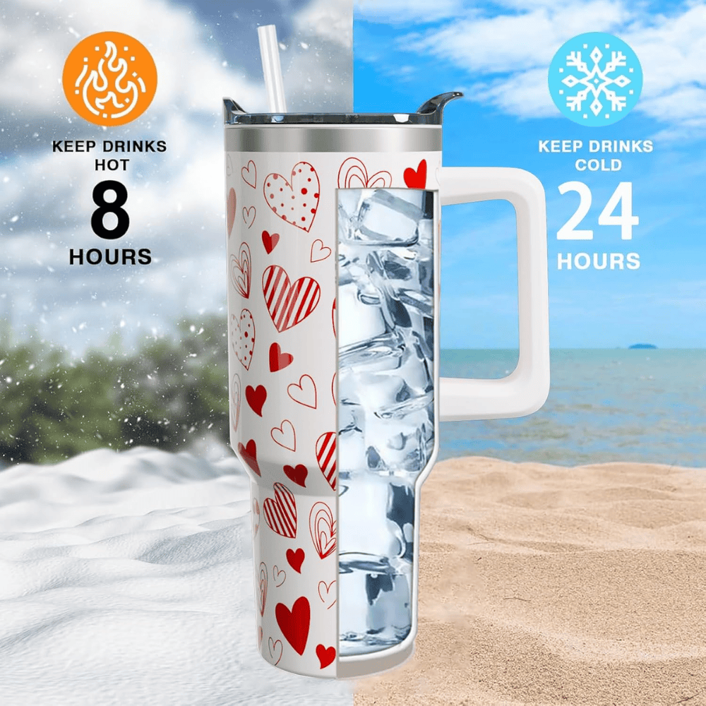Red Hearts 40oz Tumbler with Handle | Valentine's Day Stainless Steel Gift for Her