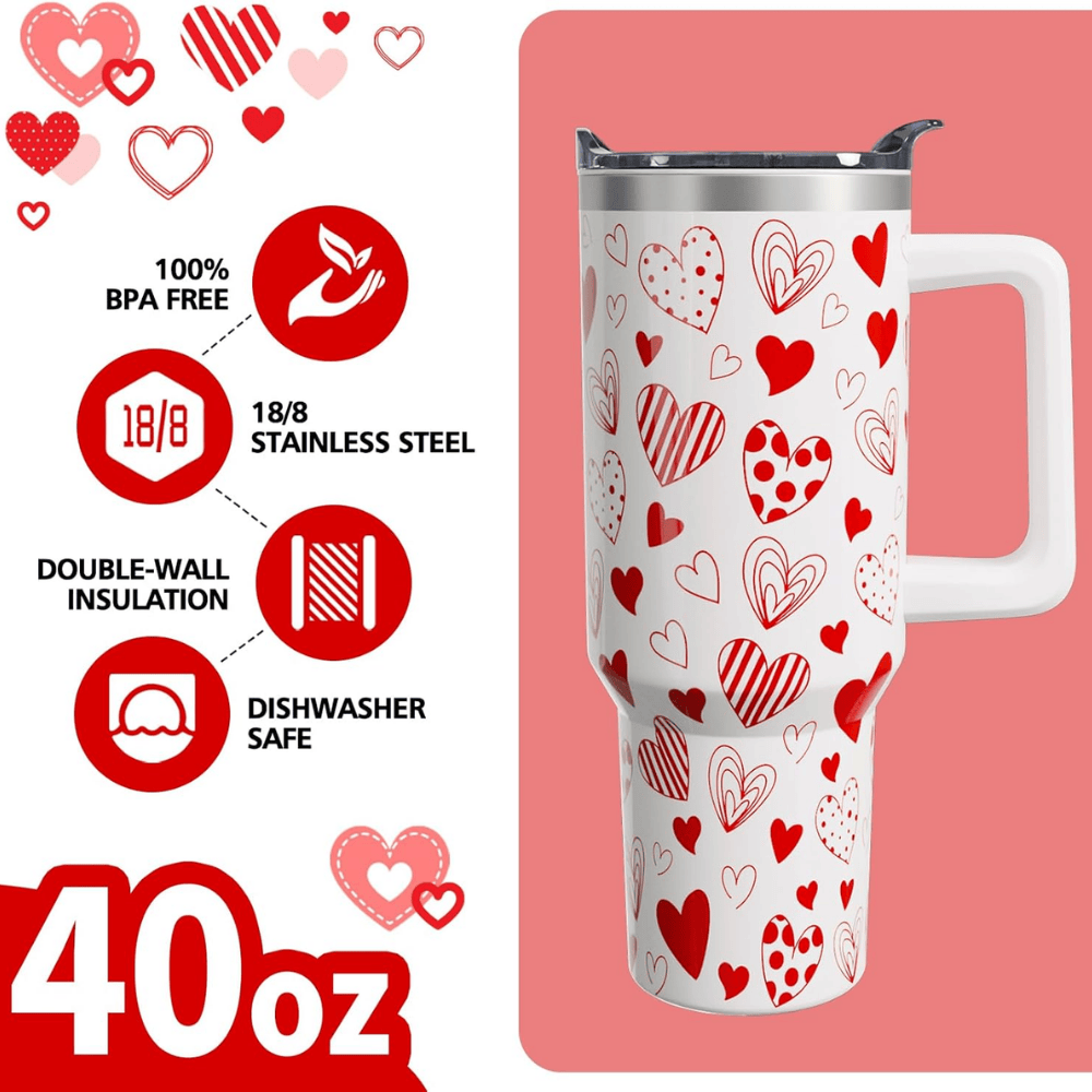 Red Hearts 40oz Tumbler with Handle | Valentine's Day Stainless Steel Gift for Her