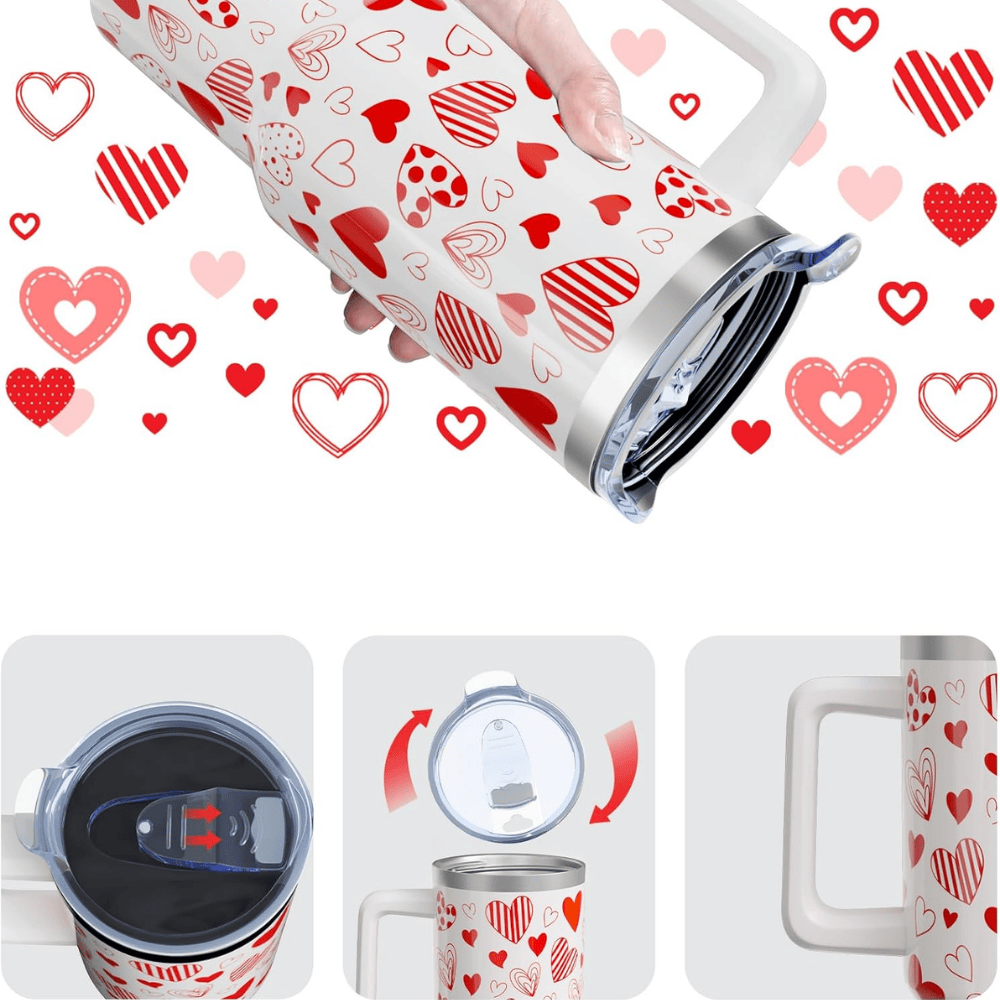Red Hearts 40oz Tumbler with Handle | Valentine's Day Stainless Steel Gift for Her