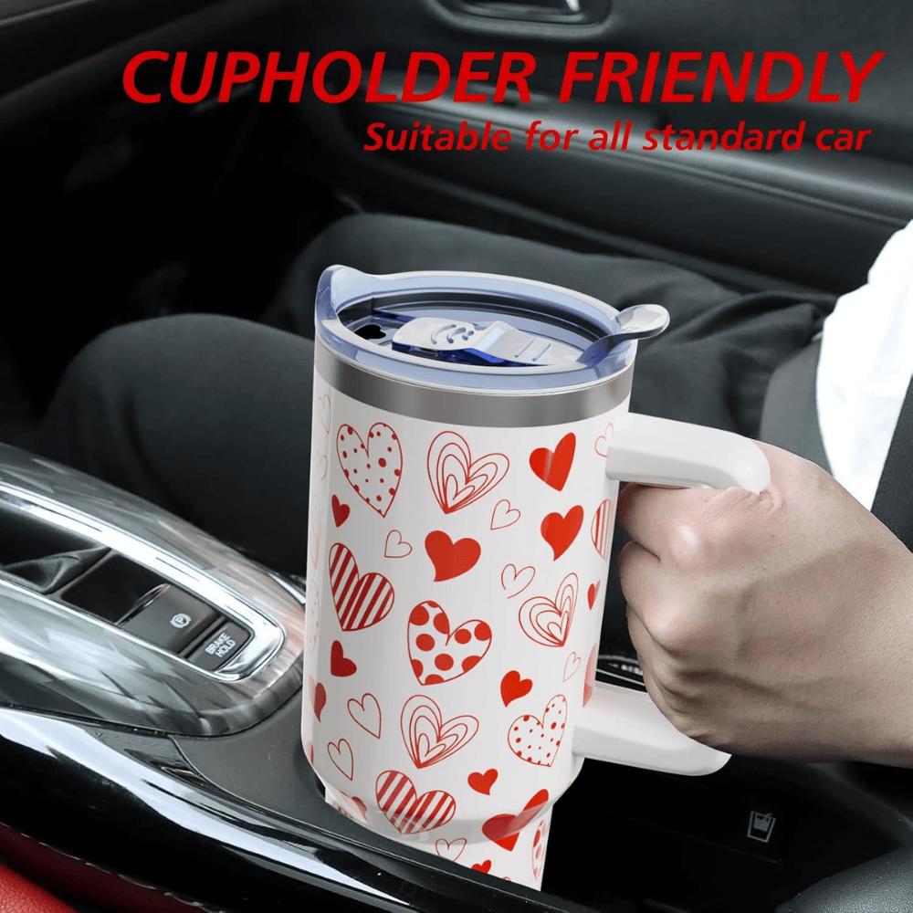 Red Hearts 40oz Tumbler with Handle | Valentine's Day Stainless Steel Gift for Her