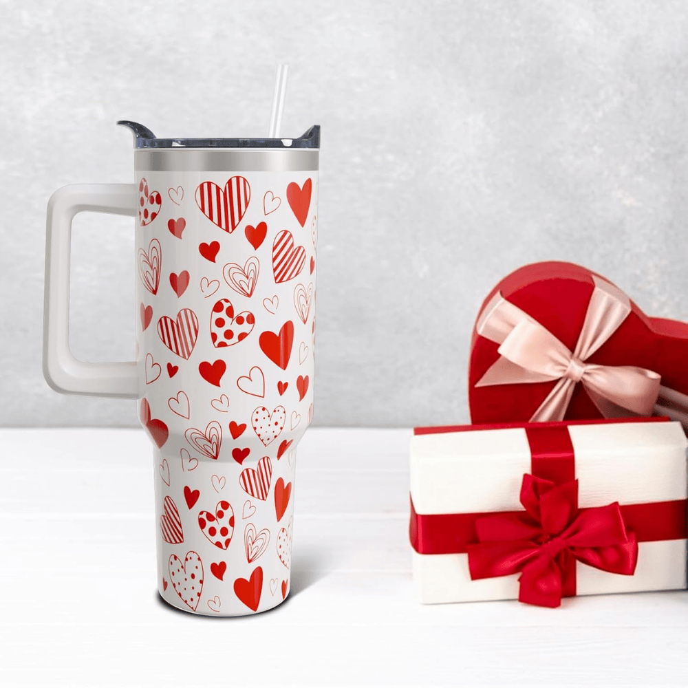 Red Hearts 40oz Tumbler with Handle | Valentine's Day Stainless Steel Gift for Her