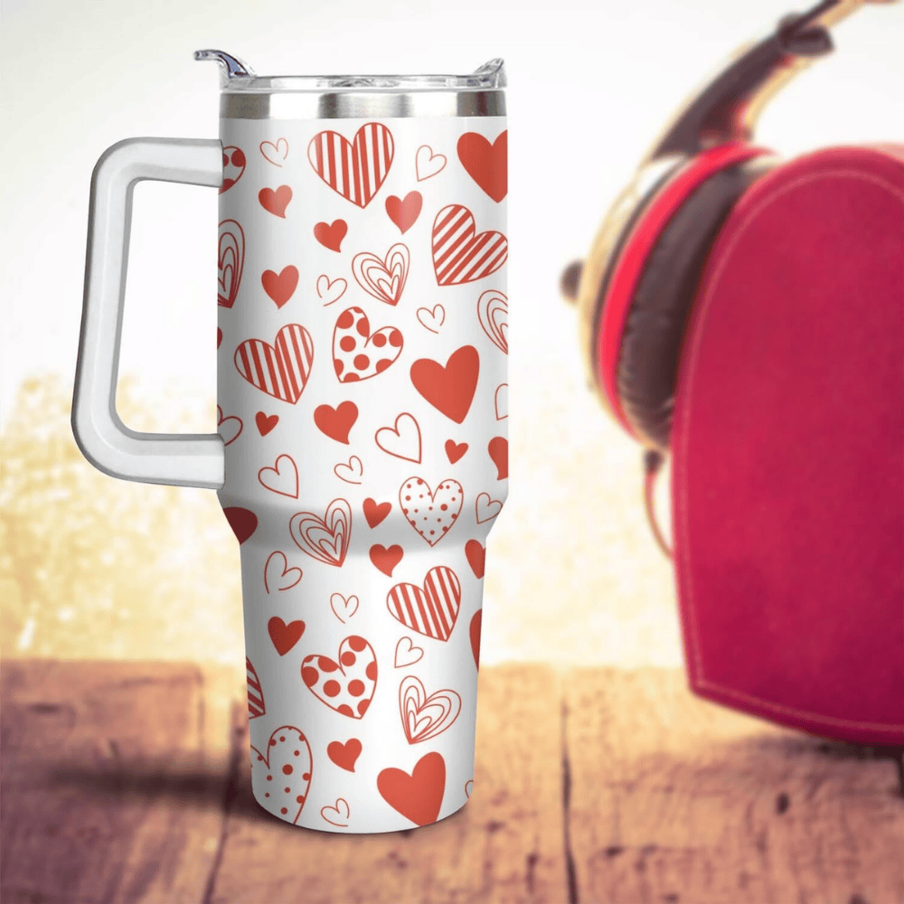 Red Hearts 40oz Tumbler with Handle | Valentine's Day Stainless Steel Gift for Her