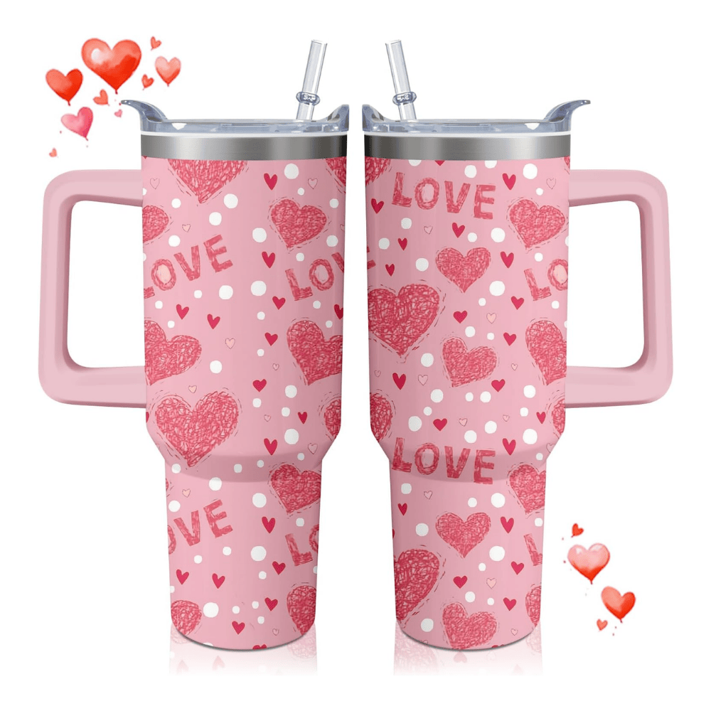 Pink Heart 40oz Tumbler with Handle | Valentine's Day Stainless Steel Gift for Her