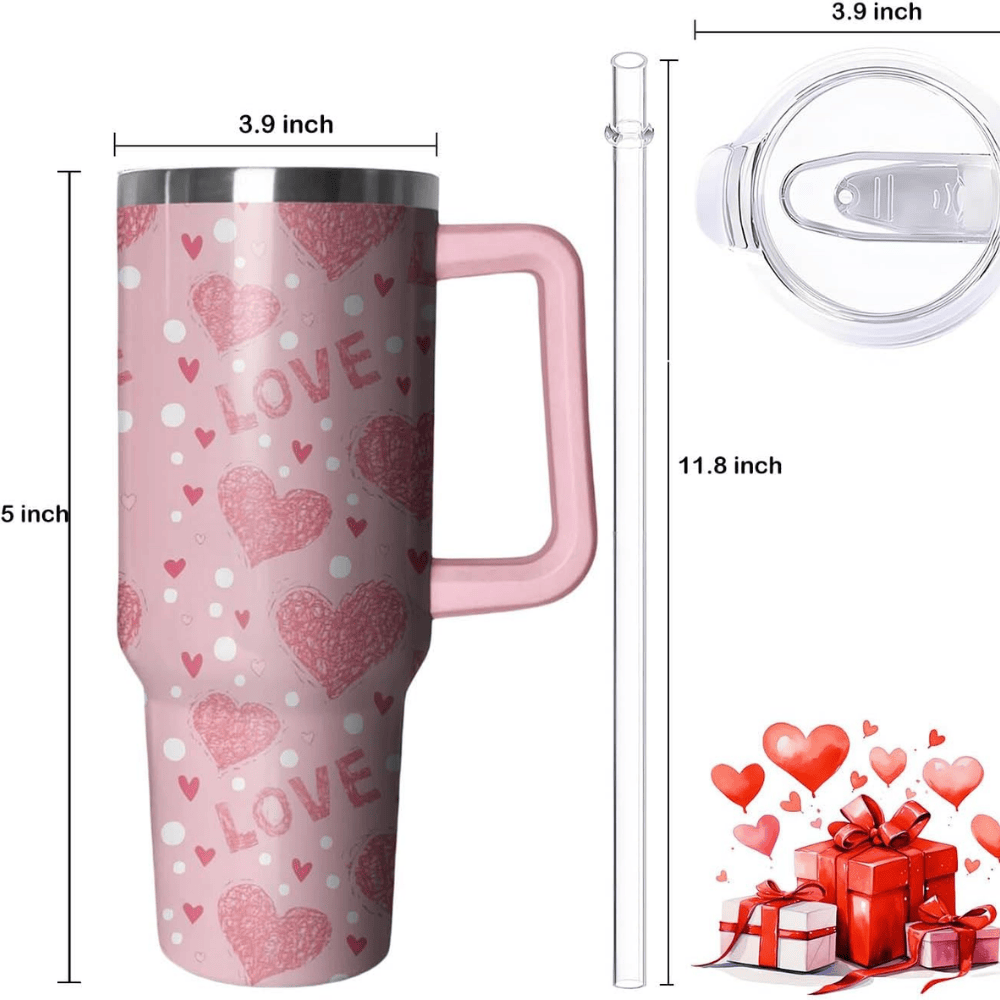 Pink Heart 40oz Tumbler with Handle | Valentine's Day Stainless Steel Gift for Her