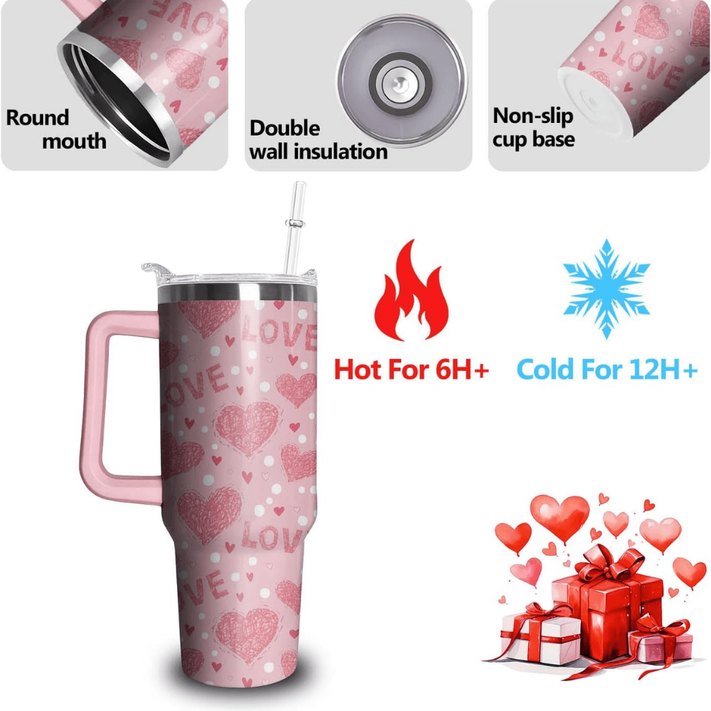 Pink Heart 40oz Tumbler with Handle | Valentine's Day Stainless Steel Gift for Her