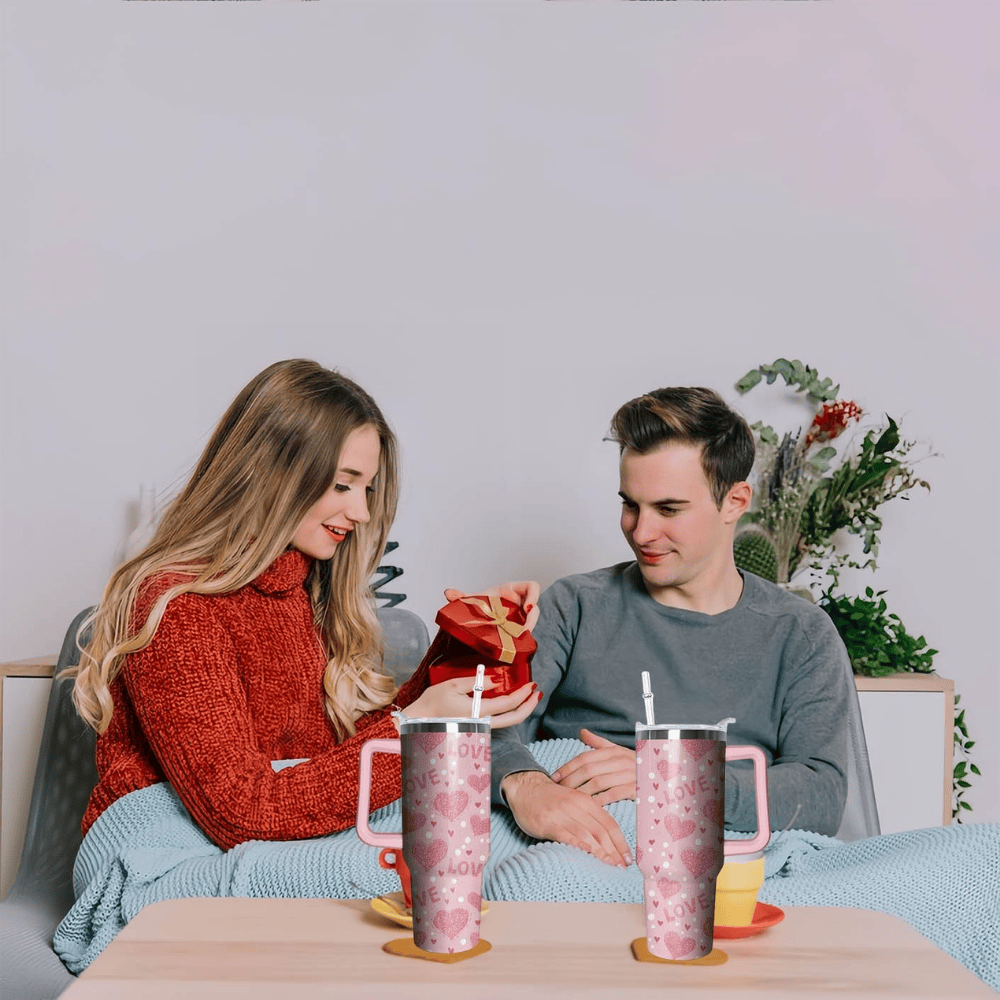 Pink Heart 40oz Tumbler with Handle | Valentine's Day Stainless Steel Gift for Her