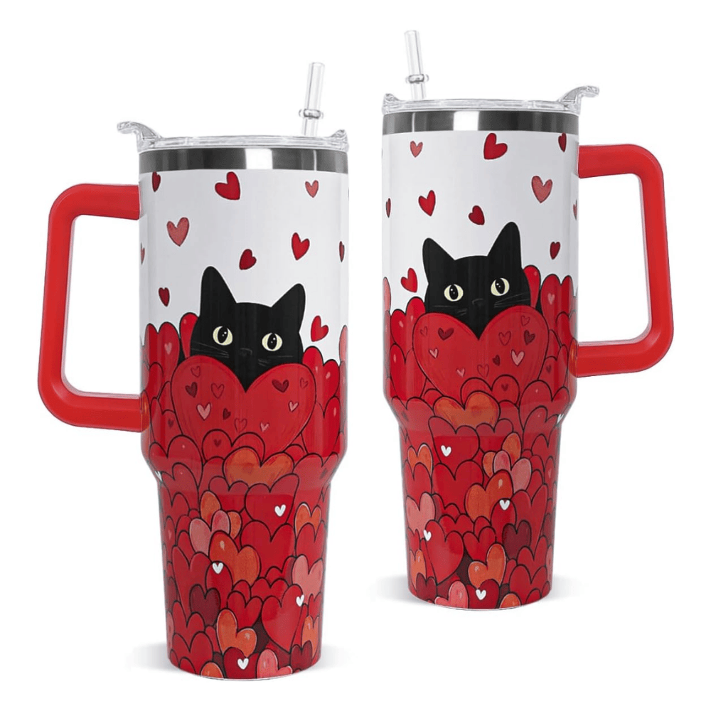 Black Cat Love 40oz Tumbler with Handle | Cute Valentine's Day Gift for Cat Lovers